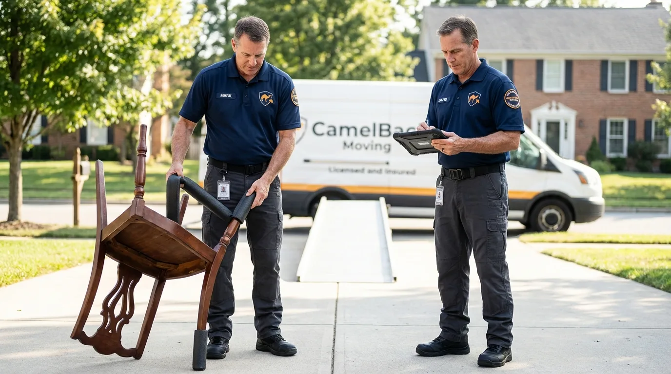 Movers inspecting furniture for damage prevention before loading in Paulden, AZ